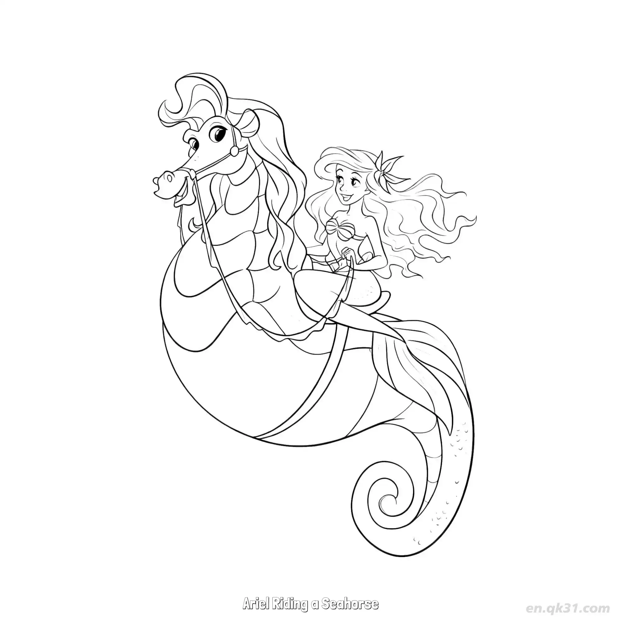 免费 爱丽儿骑海马 1简笔画 素描 涂鸦 - 免费可打印迪士尼 小美人鱼 下载PDF 简笔画涂色页