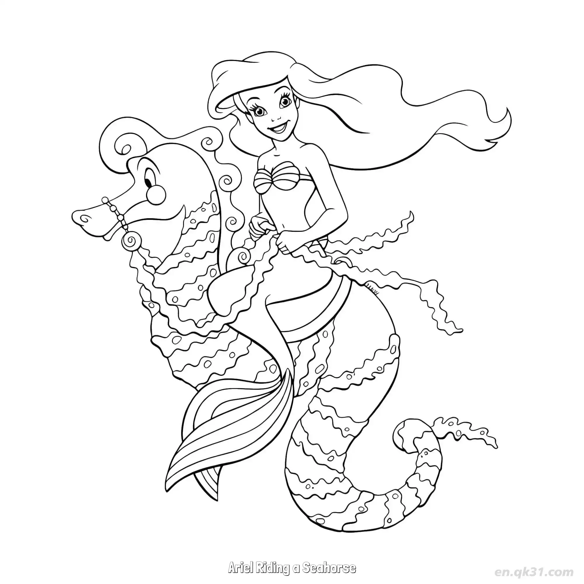 免费 爱丽儿骑海马 2简笔画 素描 涂鸦 - 免费可打印迪士尼 小美人鱼 下载PDF 简笔画涂色页
