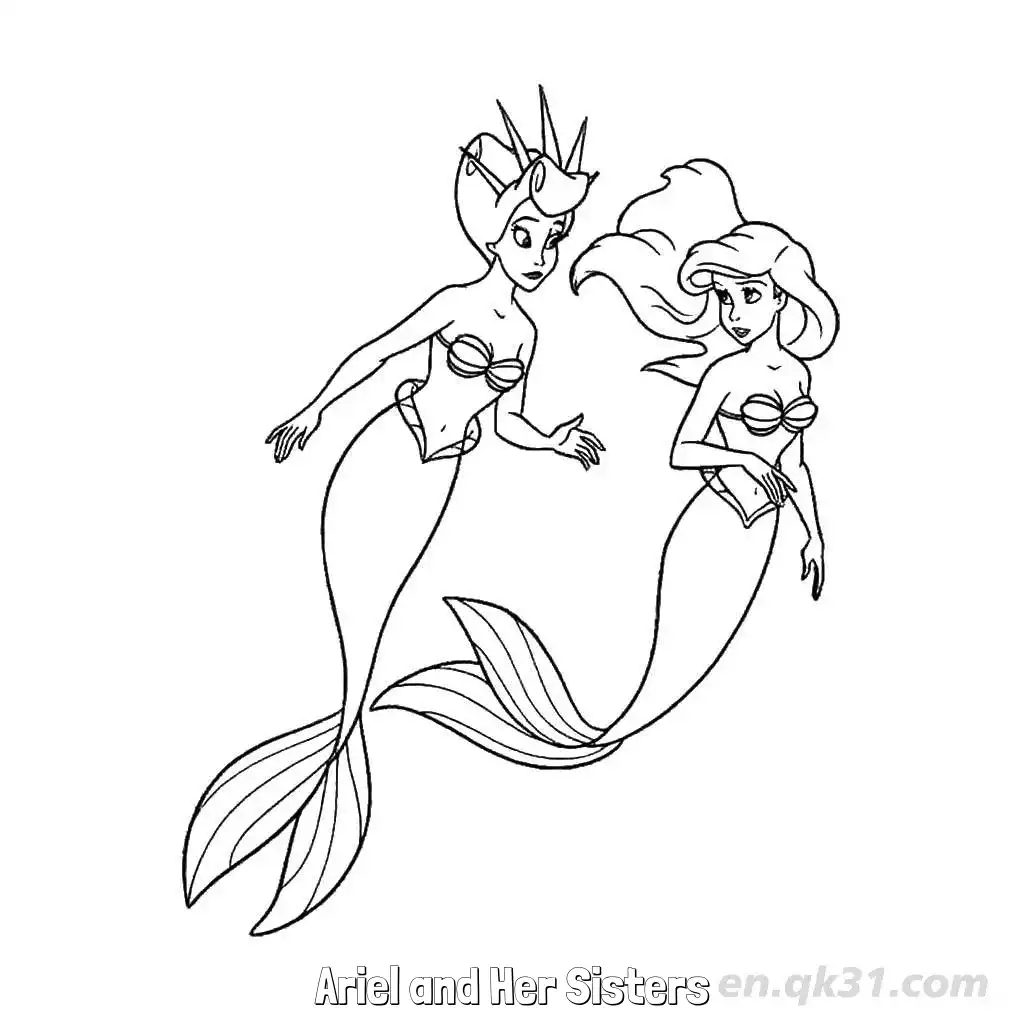免费 爱丽儿和姐姐们 2简笔画 素描 涂鸦 - 免费可打印迪士尼 小美人鱼 下载PDF 简笔画涂色页