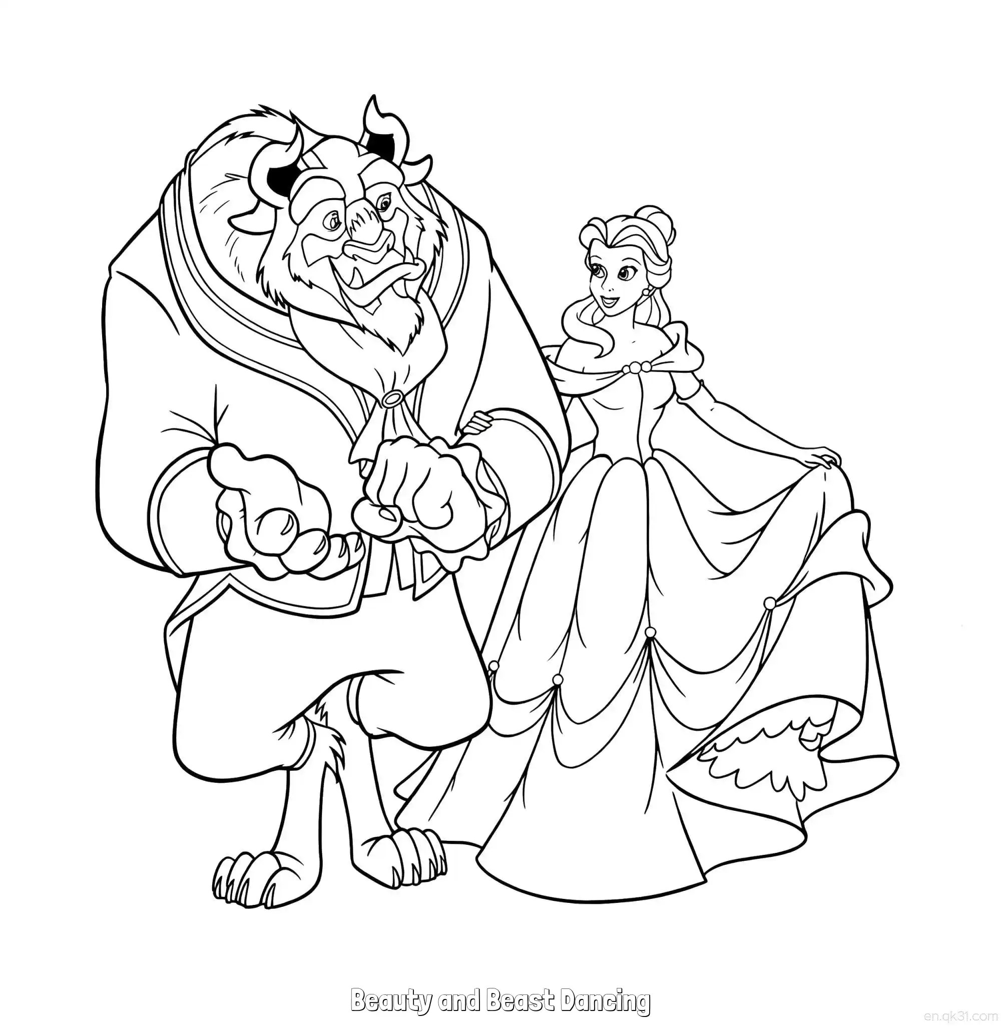 免费 贝儿与野兽深情对视华尔兹简笔画涂色页 简笔画涂色页
