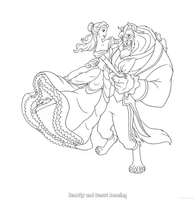 美女与野兽圆形构图共舞简笔画涂色页 – 免费可打印简笔画涂色画