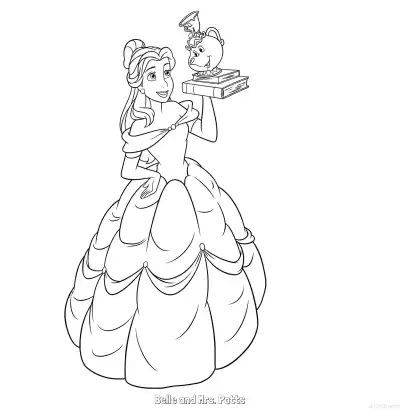 贝儿华服与茶壶太太简笔画涂色页 – 免费可打印简笔画涂色画