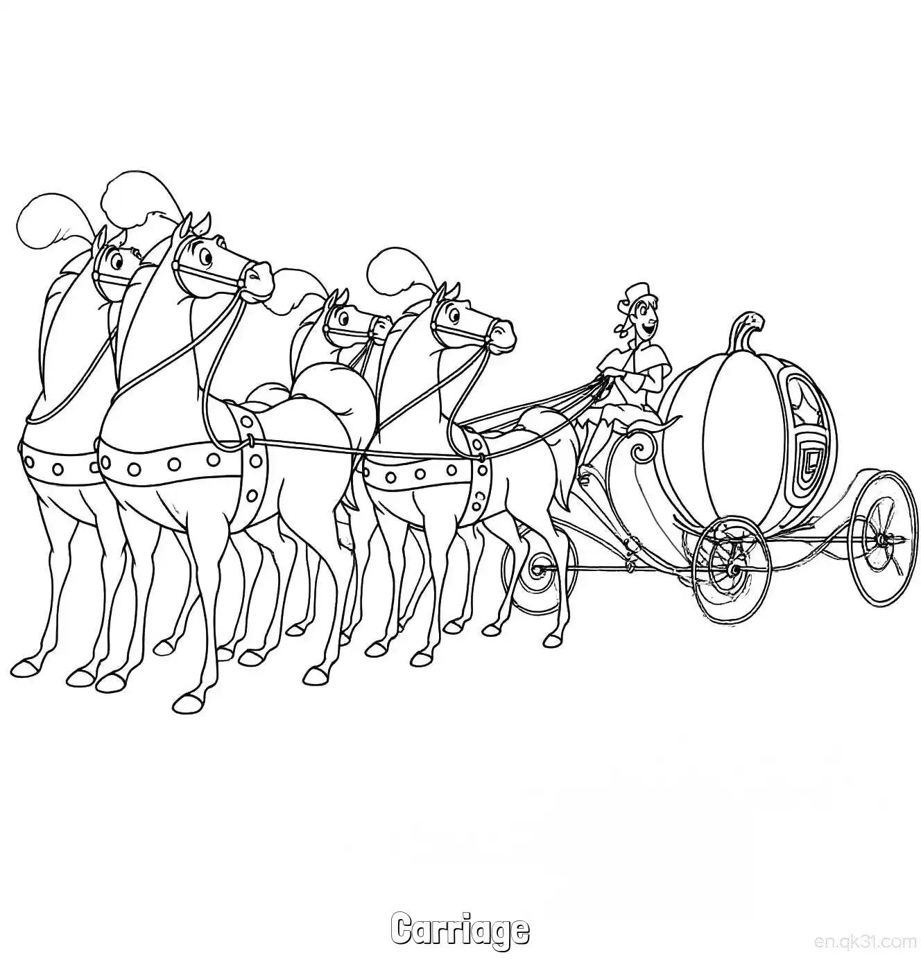 免费 灰姑娘中南瓜马车与骏马简笔画涂色页 简笔画涂色页