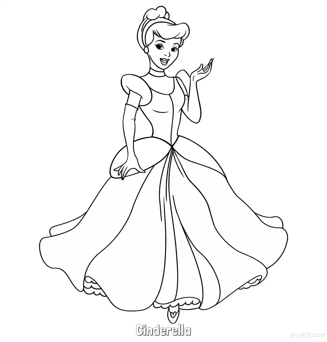 免费 灰姑娘穿着舞会礼服优雅转身简笔画涂色页 简笔画涂色页