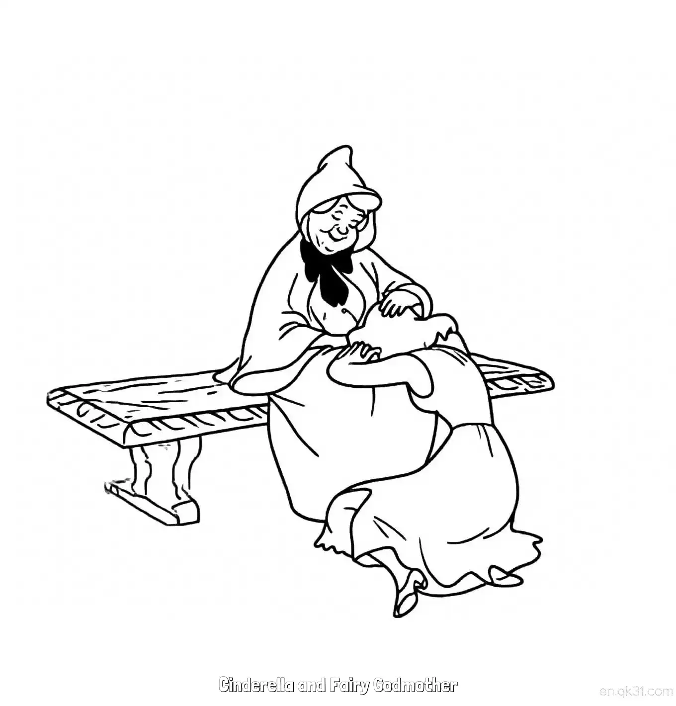 免费 灰姑娘与神仙教母温馨拥抱简笔画涂色页 简笔画涂色页