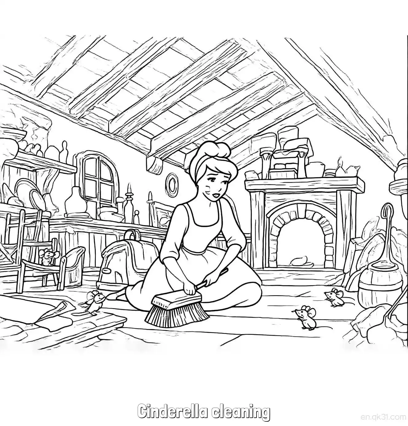 免费 灰姑娘在阁楼打扫卫生简笔画涂色页 简笔画涂色页