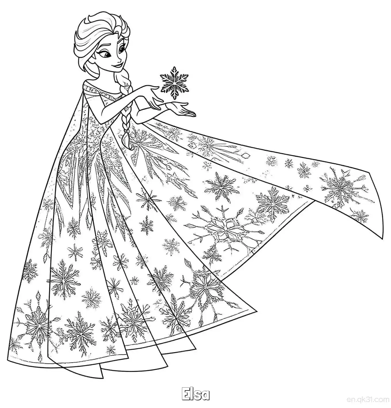 免费 艾莎施展冰魔法雪花裙涂色页 简笔画涂色页