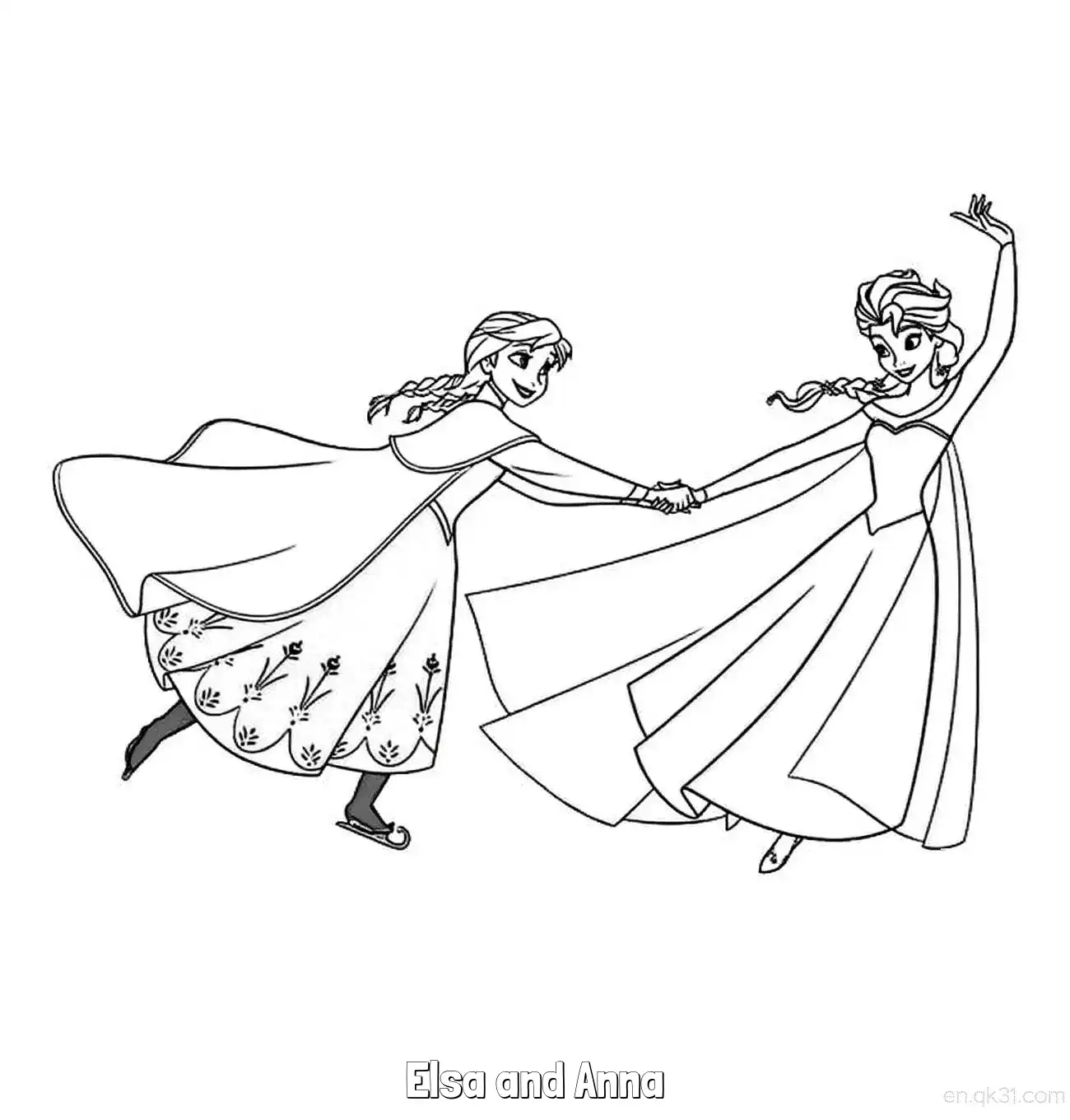 免费 艾莎与安娜滑冰简笔画涂色页 简笔画涂色页