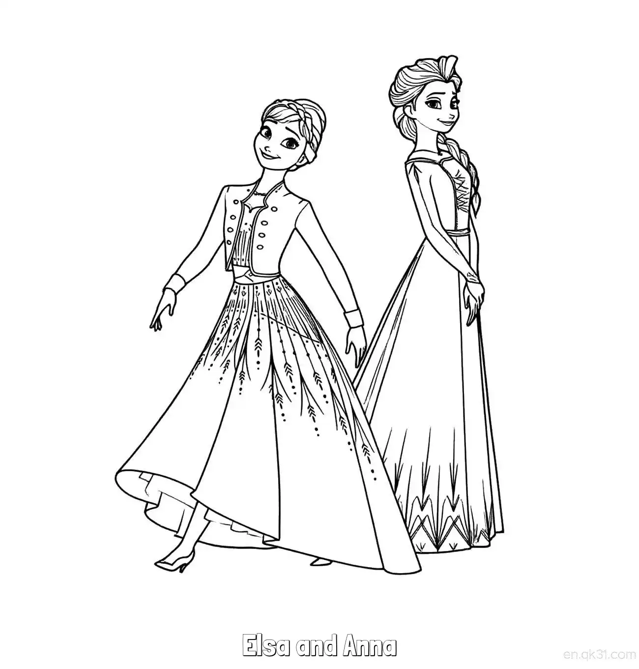免费 艾莎与安娜精致冬装涂色页 简笔画涂色页
