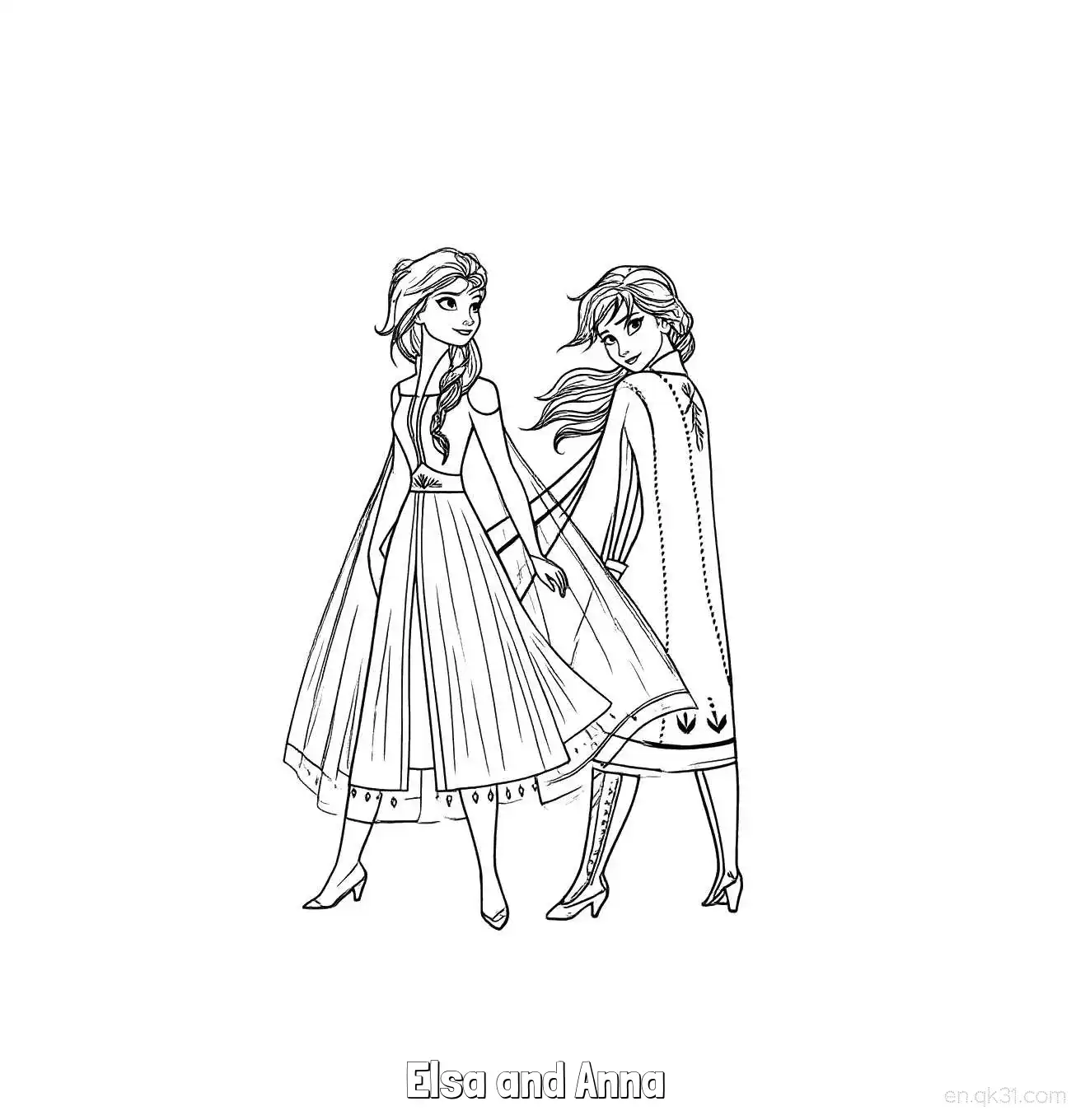 免费 艾莎与安娜牵手转身涂色页 简笔画涂色页