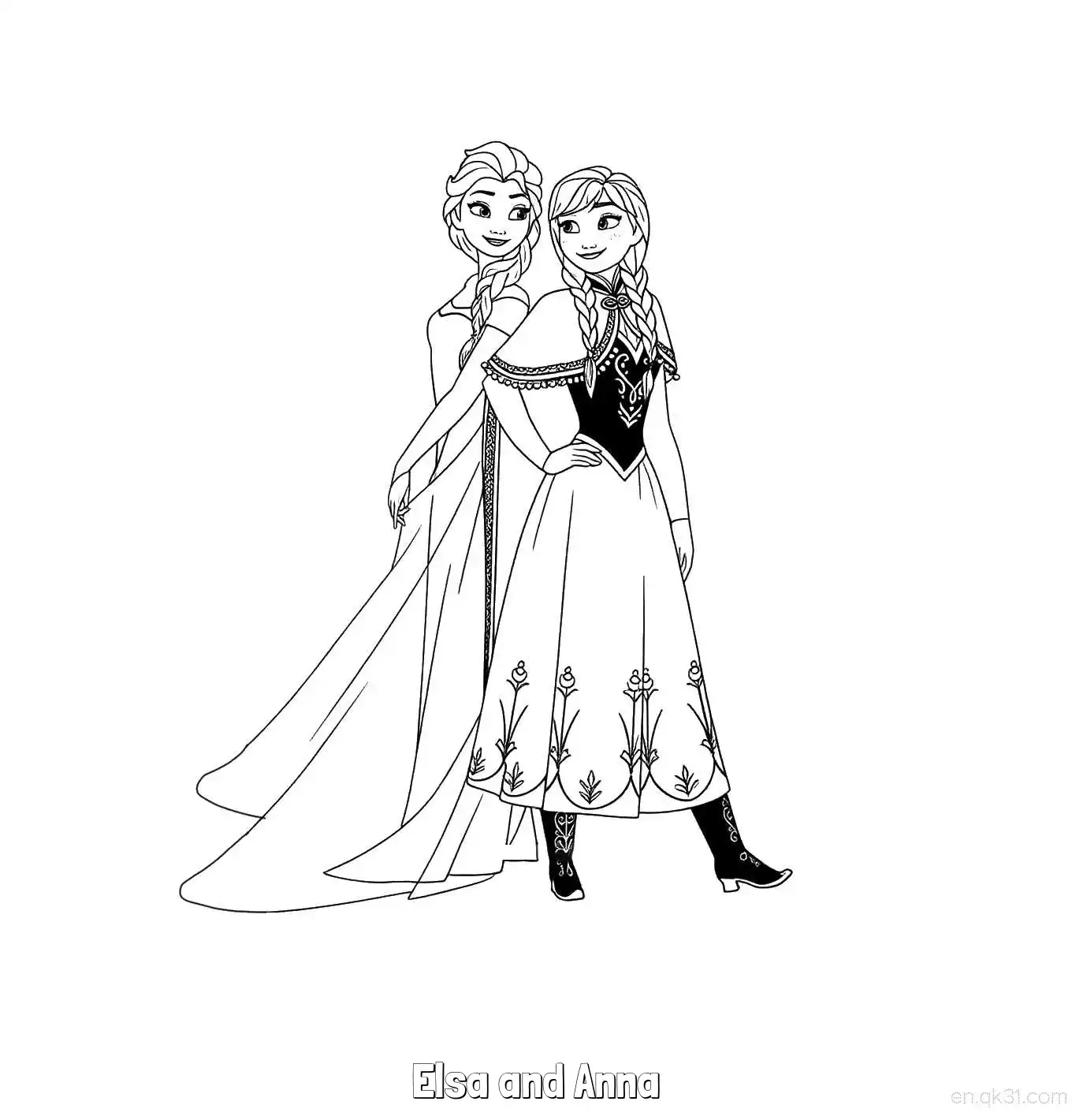 免费 艾莎与安娜姐妹合影简笔画涂色页 简笔画涂色页