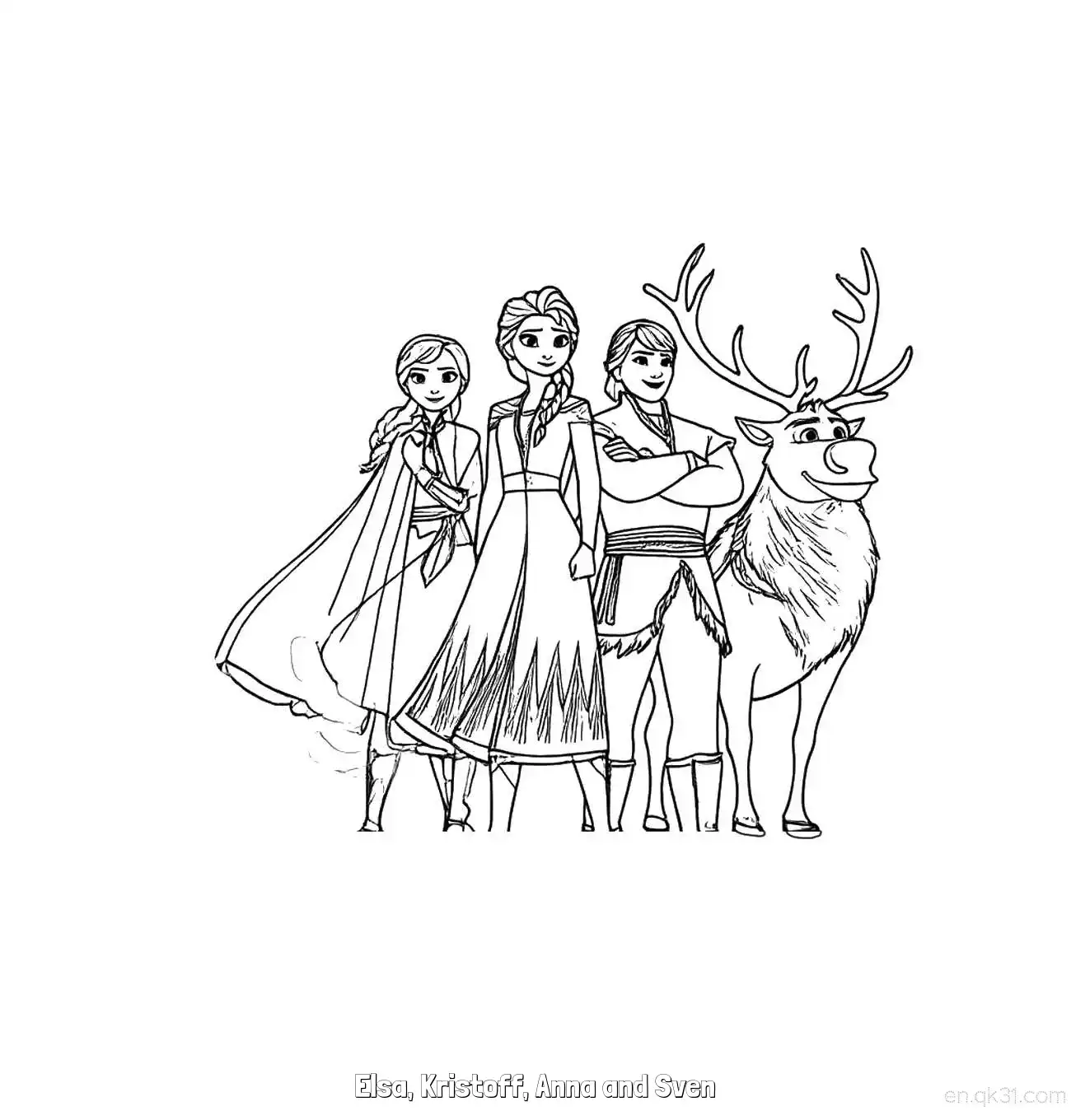 免费 冰雪奇缘主角四人组合涂色页 简笔画涂色页