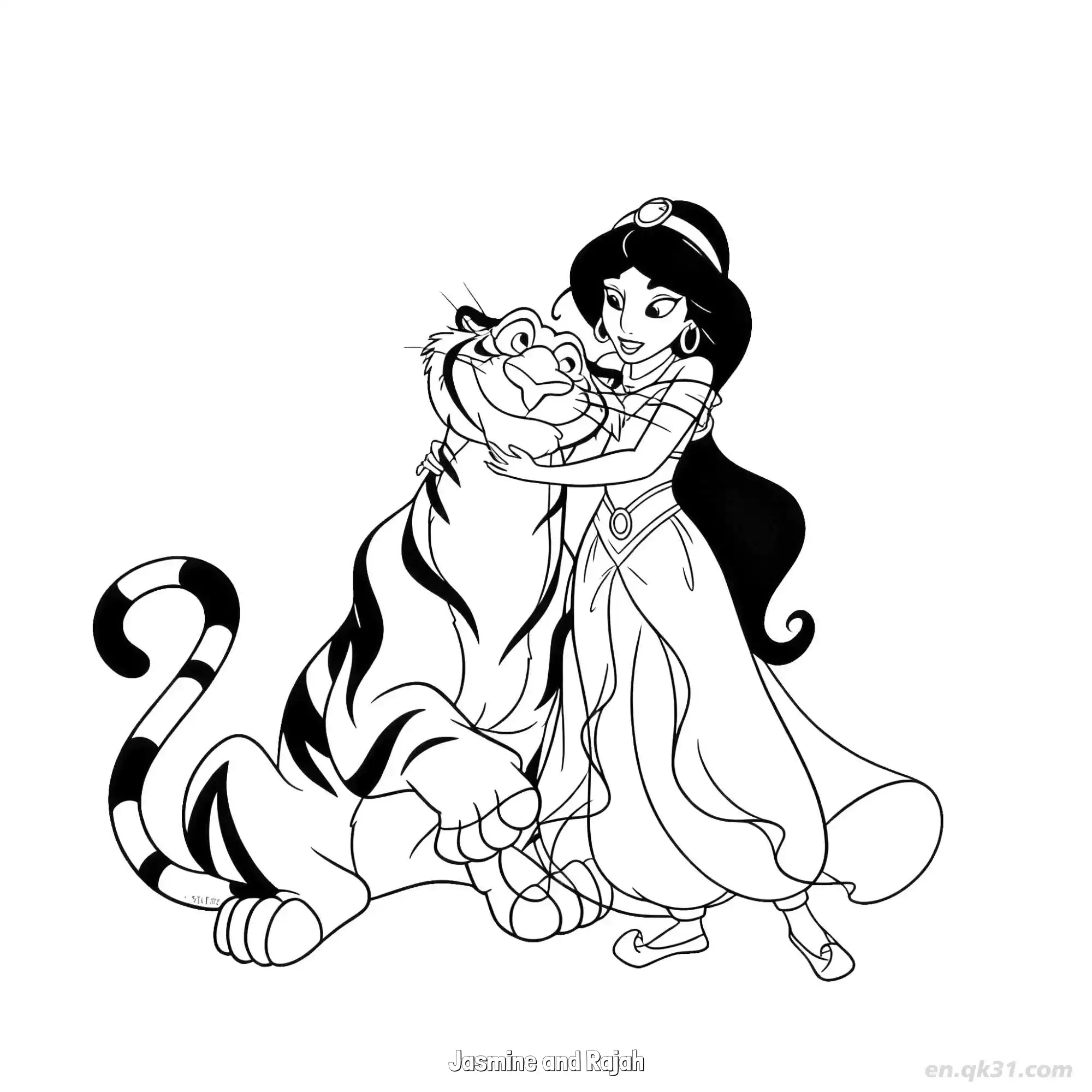 免费 茉莉公主与老虎拉贾亲密拥抱涂色页 简笔画涂色页