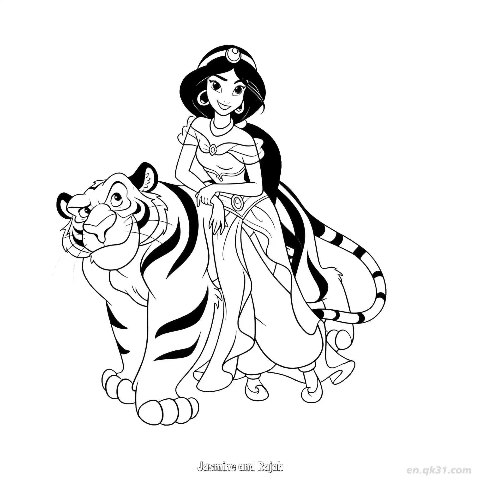 免费 茉莉公主伏在老虎背上休息涂色页 简笔画涂色页