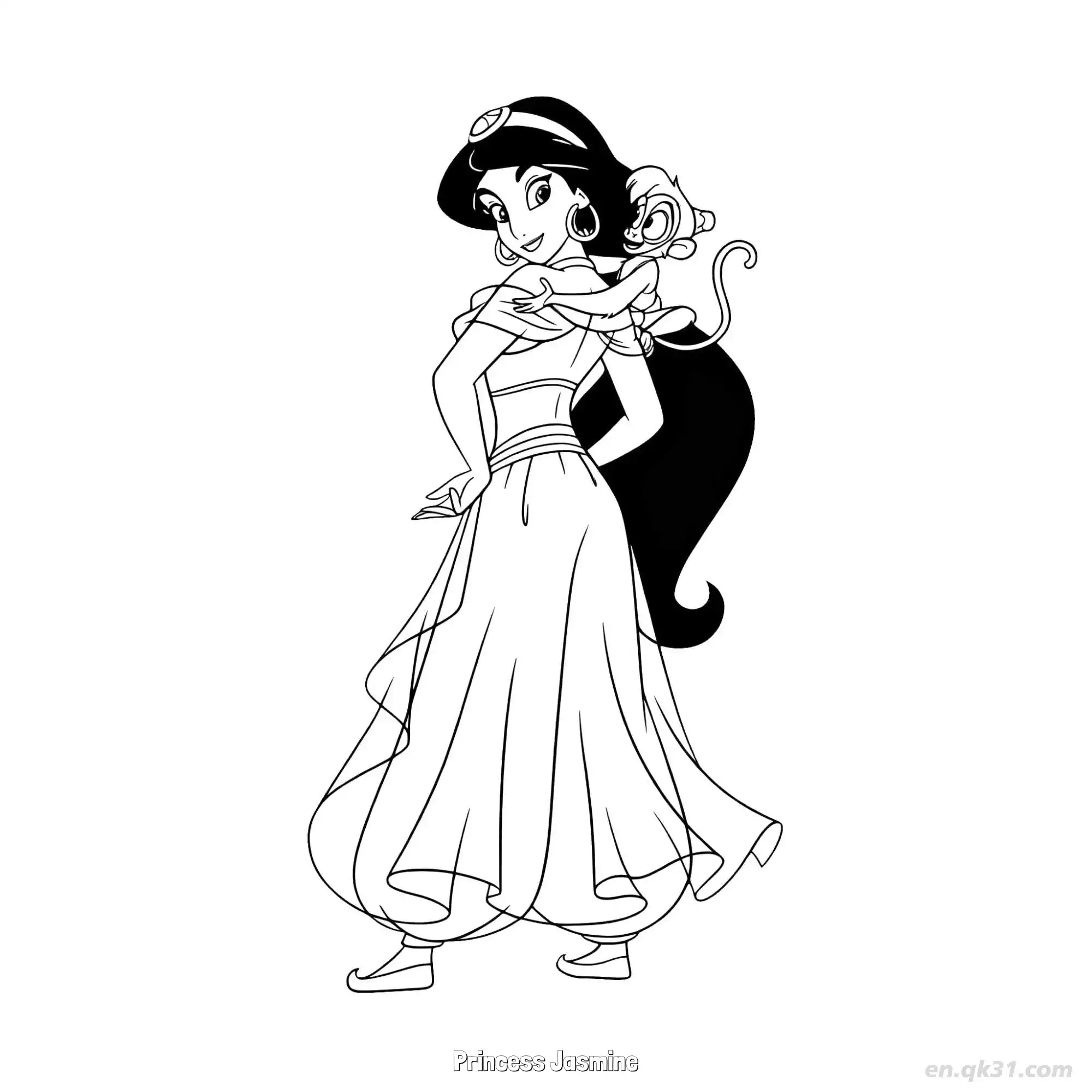 免费 茉莉公主背着阿布回眸微笑涂色页 简笔画涂色页
