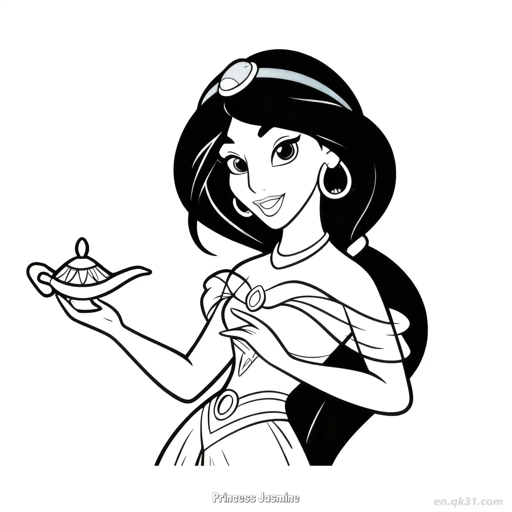免费 茉莉公主手托神灯微笑涂色页 简笔画涂色页