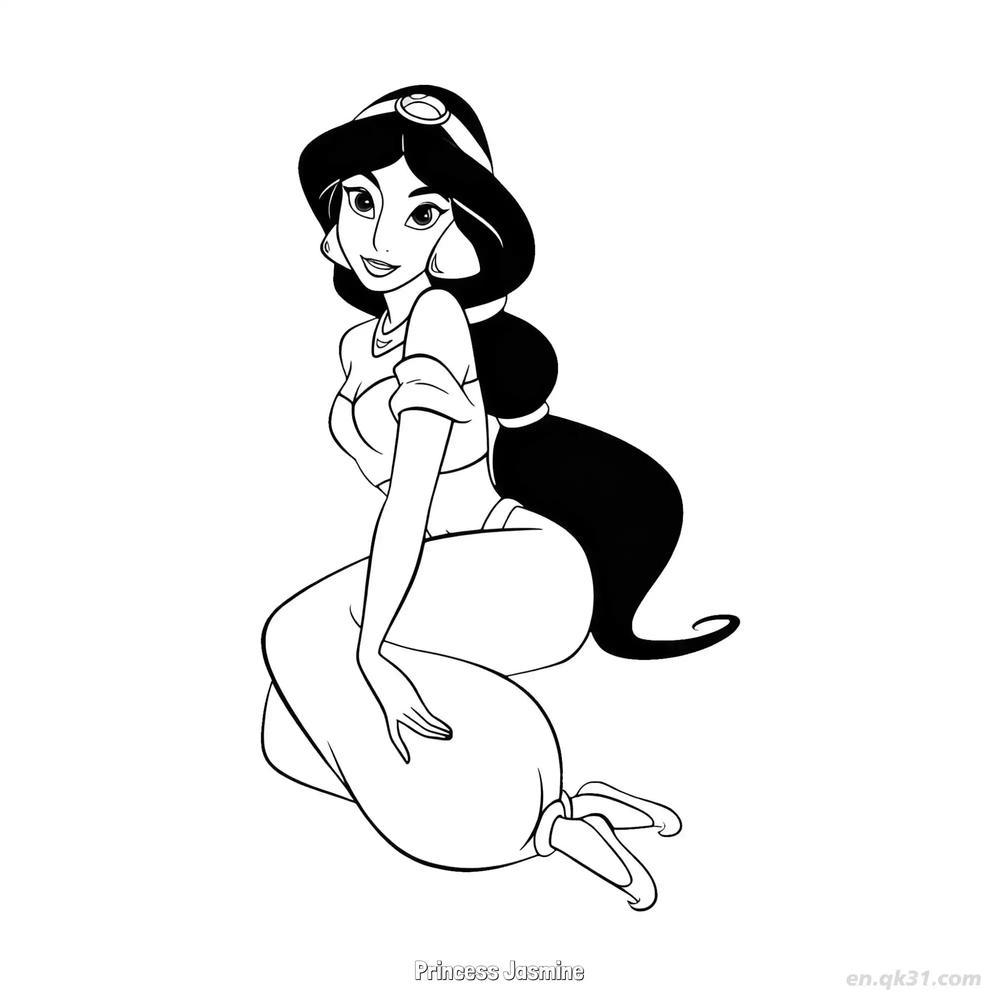 免费 茉莉公主侧身坐下回眸微笑涂色页 简笔画涂色页