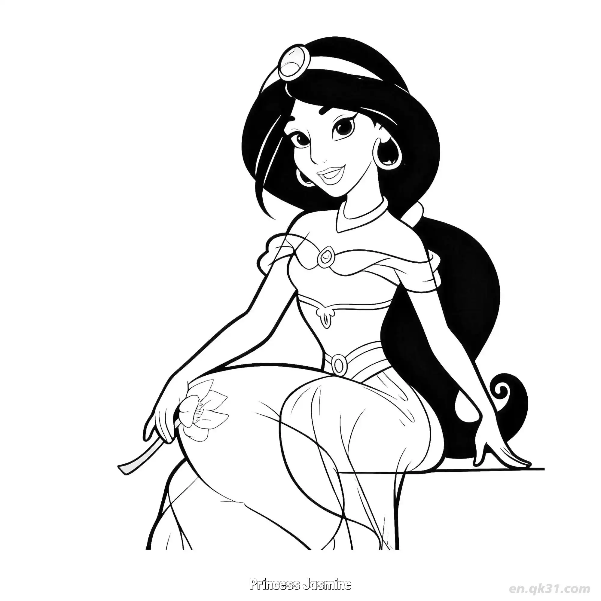 免费 茉莉公主握花优雅坐姿涂色页 简笔画涂色页