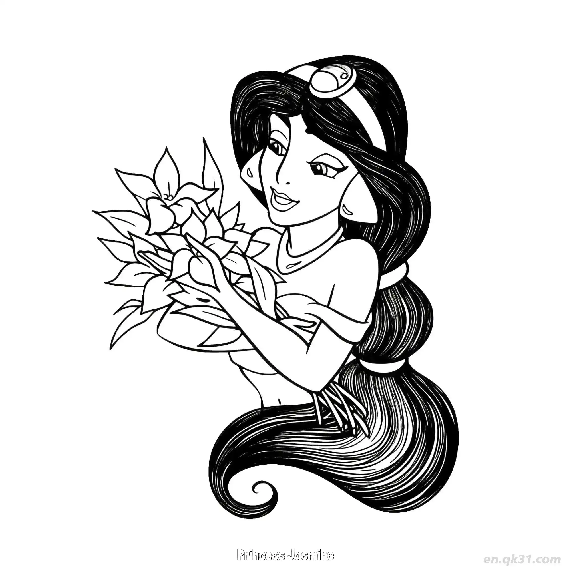 免费 茉莉公主怀抱花束微笑简笔画涂色页 简笔画涂色页