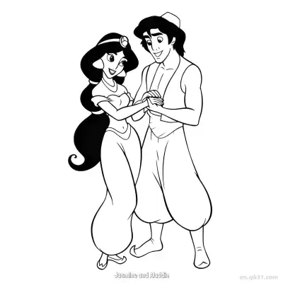 阿拉丁与茉莉公主深情对视涂色页 – 免费可打印简笔画涂色画