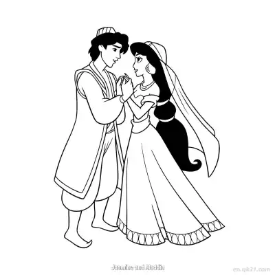 阿拉丁与茉莉公主婚礼对视涂色页 – 免费可打印简笔画涂色画
