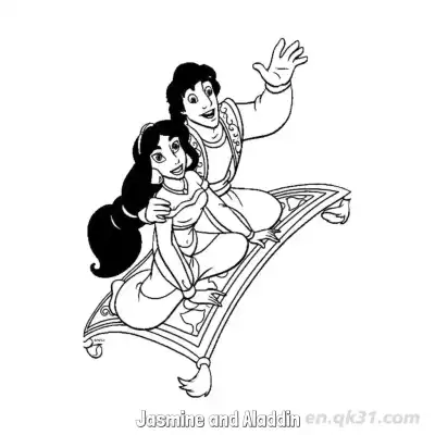 阿拉丁与茉莉公主飞毯漫游涂色页 – 免费可打印简笔画涂色画