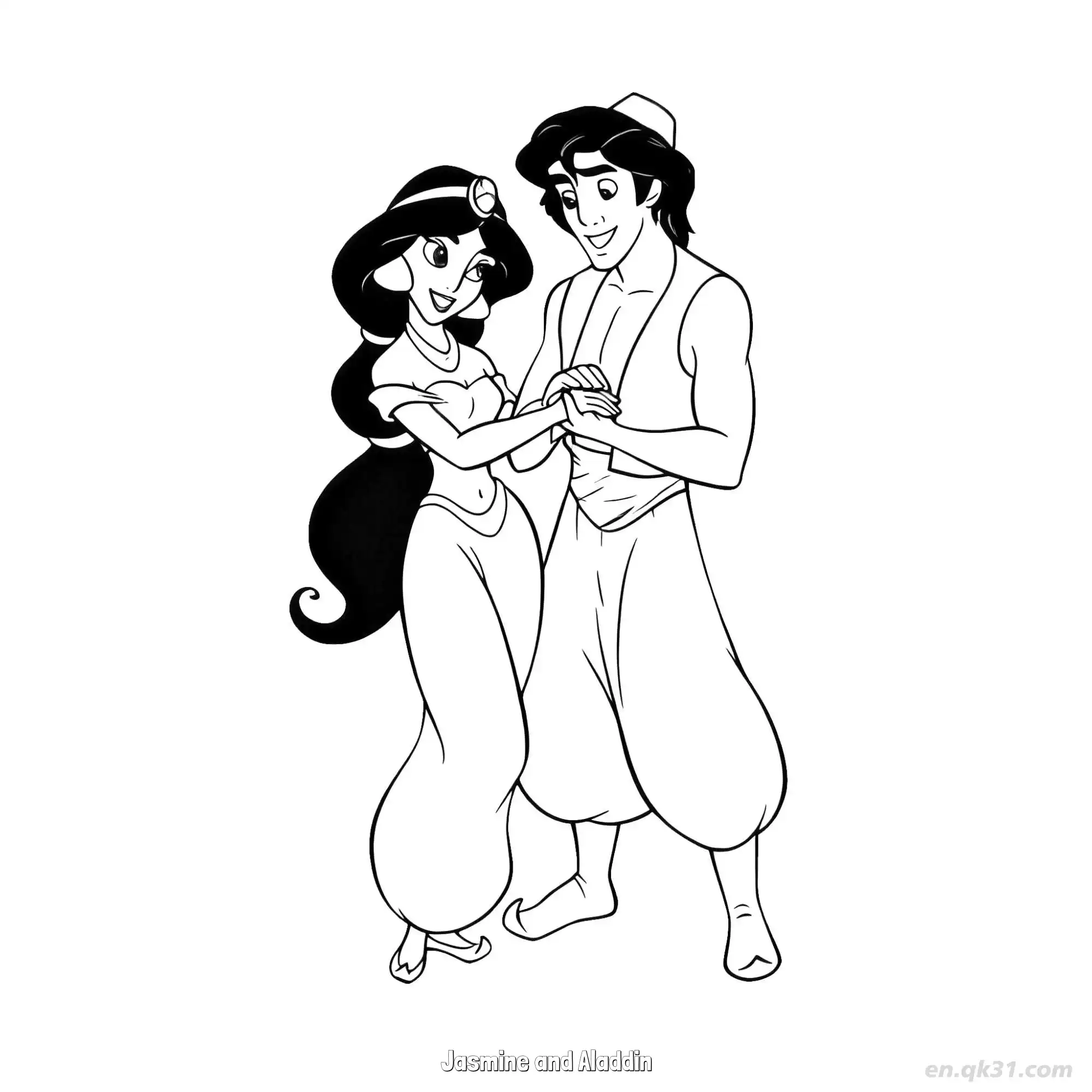 免费 阿拉丁与茉莉公主挽手同行涂色页 简笔画涂色页