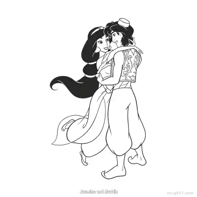 阿拉丁与茉莉公主深情相拥涂色页 – 免费可打印简笔画涂色画