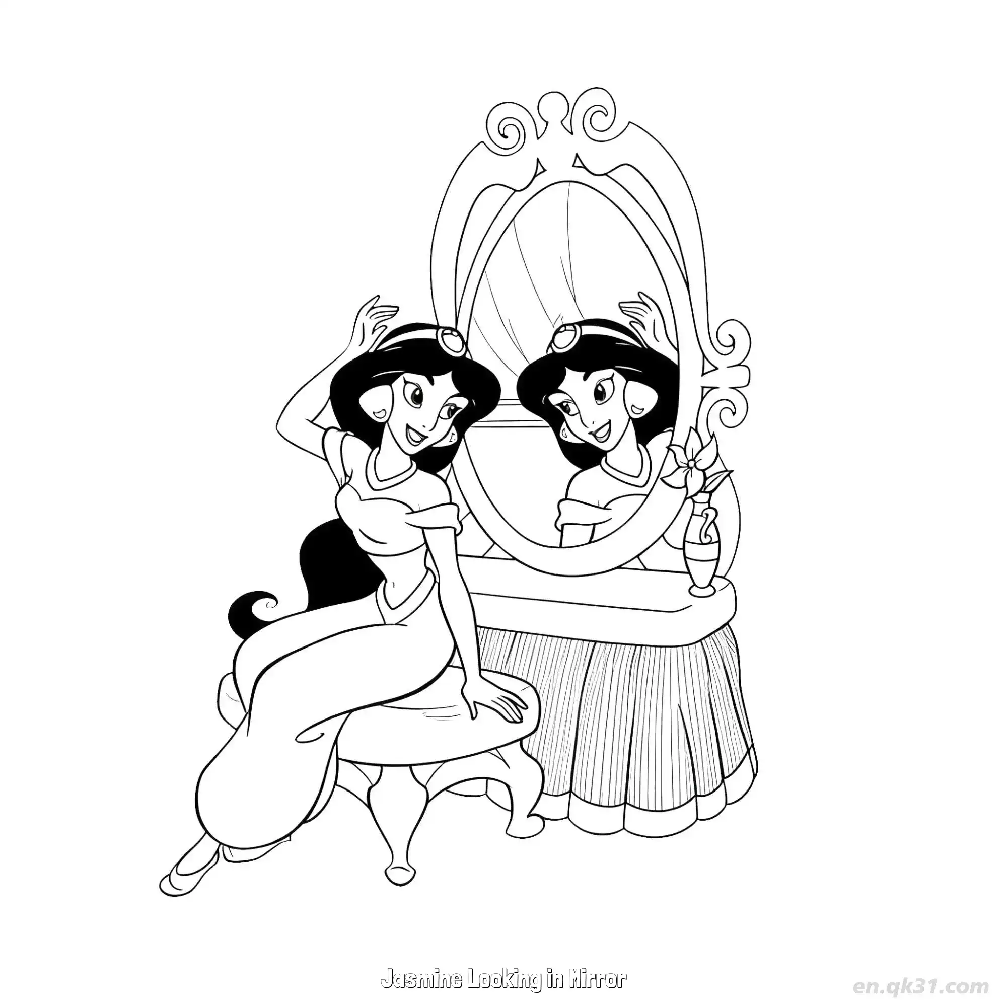 免费 茉莉公主对镜梳妆涂色页 简笔画涂色页