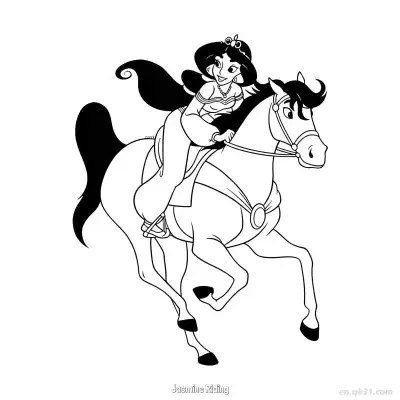 茉莉公主骑乘骏马简笔画涂色页 – 免费可打印简笔画涂色画