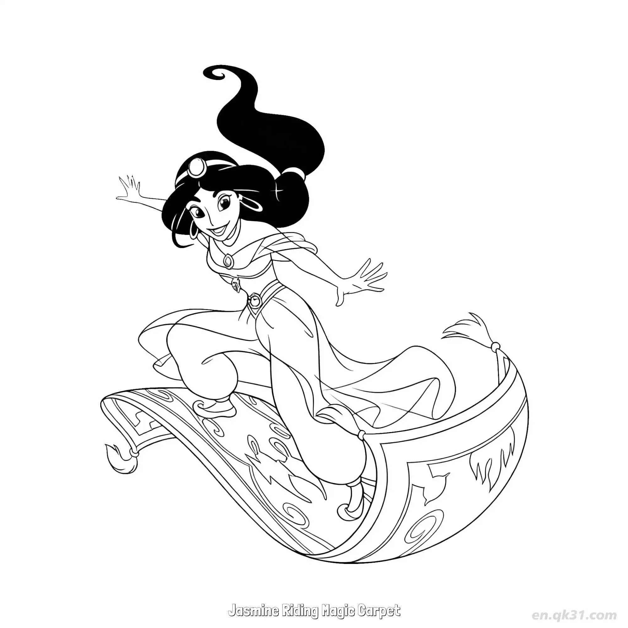 免费 茉莉公主站在飞毯上张开双臂涂色页 简笔画涂色页