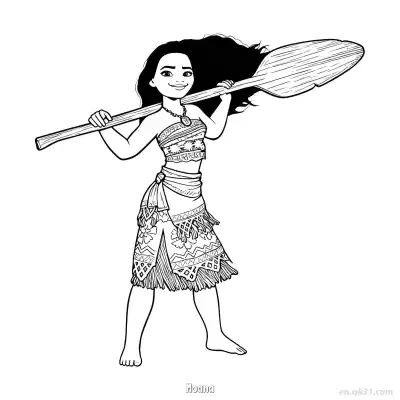 莫阿娜肩上扛着船桨简笔画涂色页 – 免费可打印简笔画涂色画