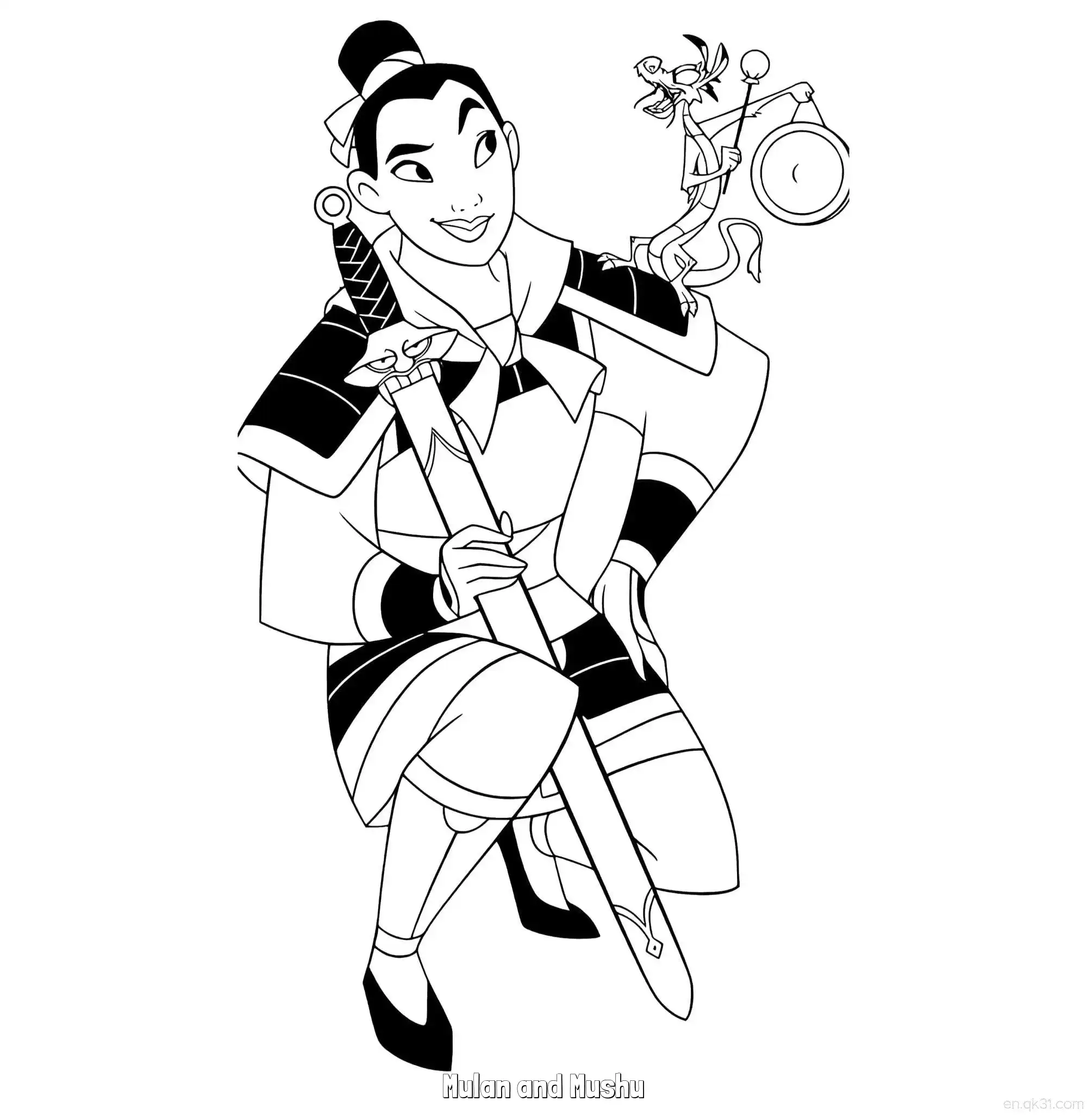 免费 花木兰和木须龙 简笔画 素描 涂鸦 - 免费可打印花木兰 下载PDF 简笔画涂色页