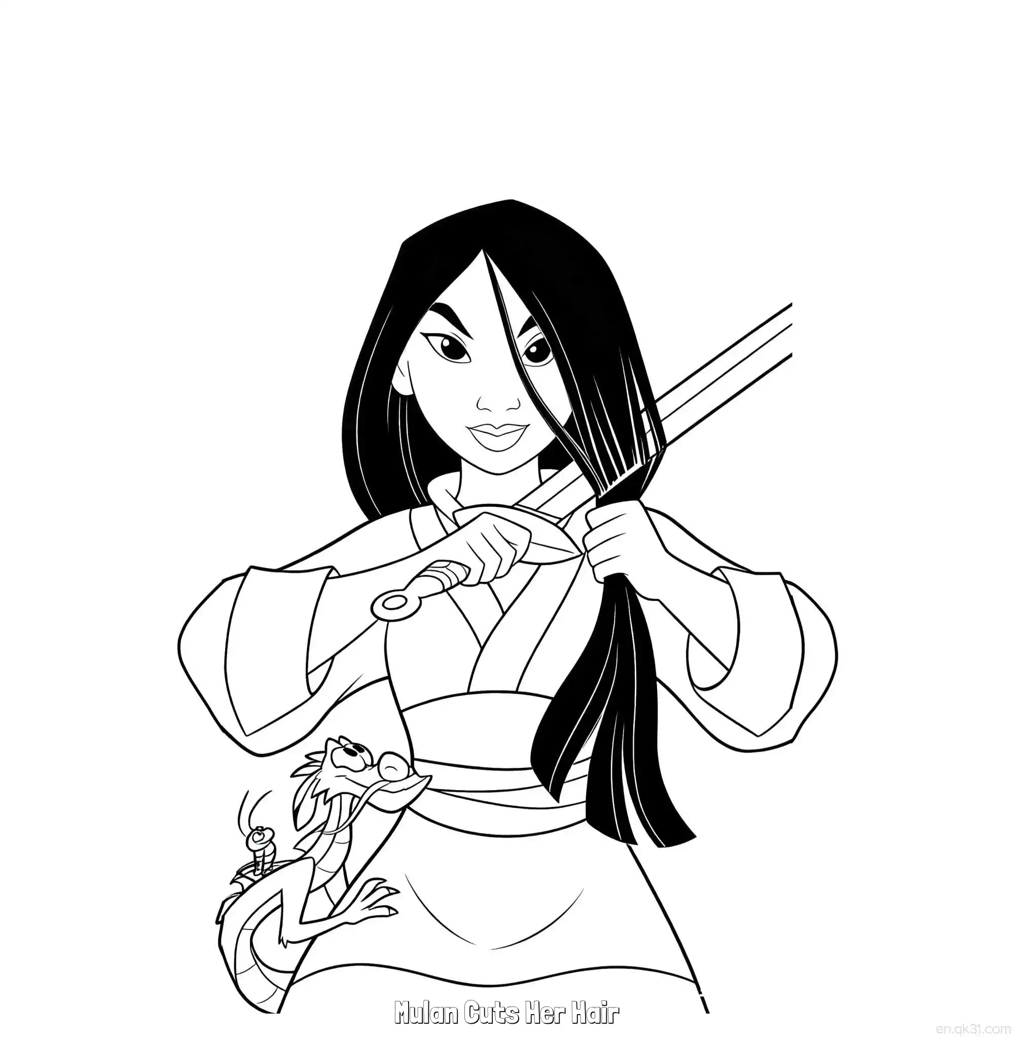 免费 花木兰剪发 简笔画 素描 涂鸦 - 免费可打印花木兰 下载PDF 简笔画涂色页