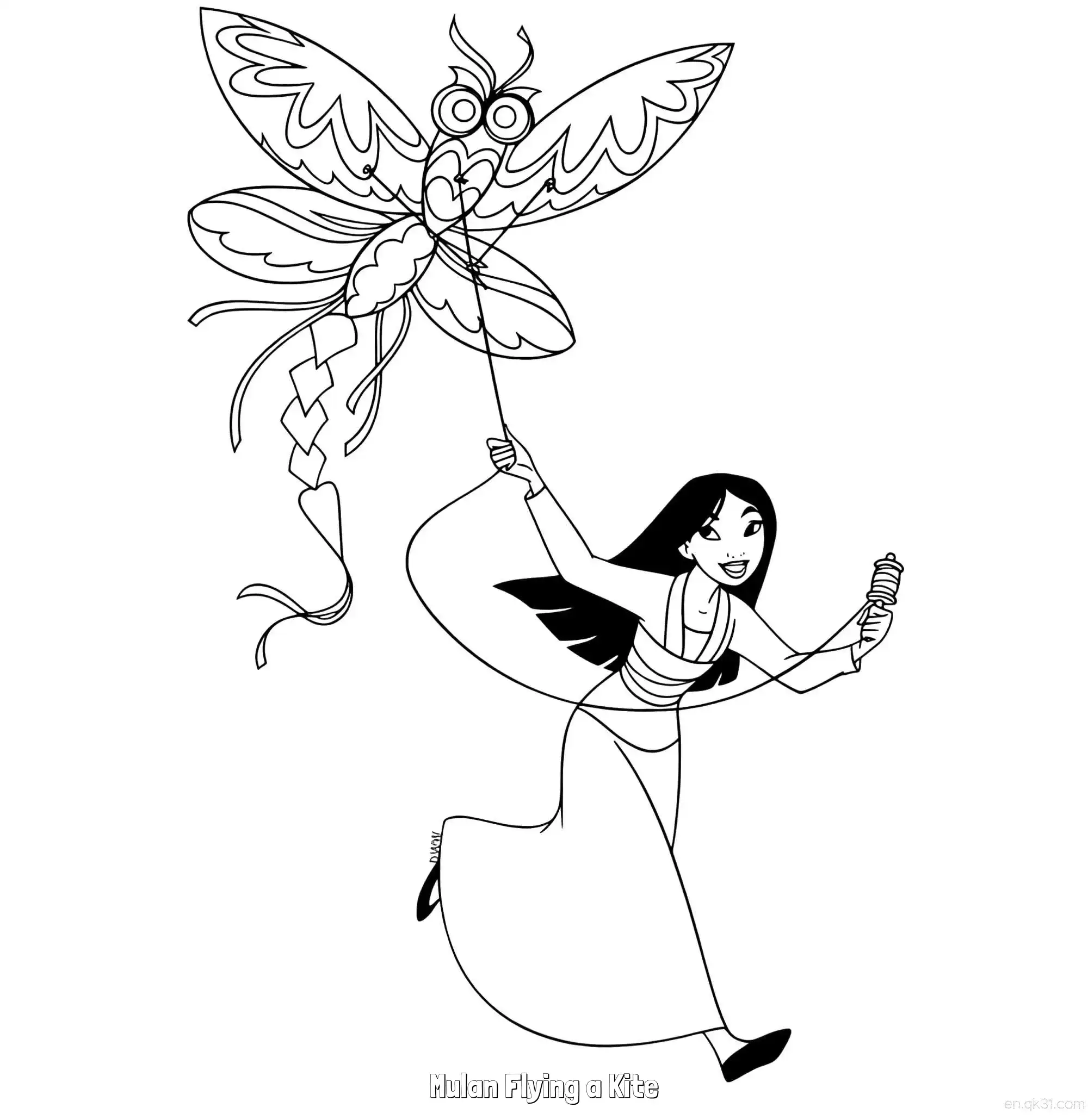 免费 花木兰放风筝 简笔画 素描 涂鸦 - 免费可打印花木兰 下载PDF 简笔画涂色页