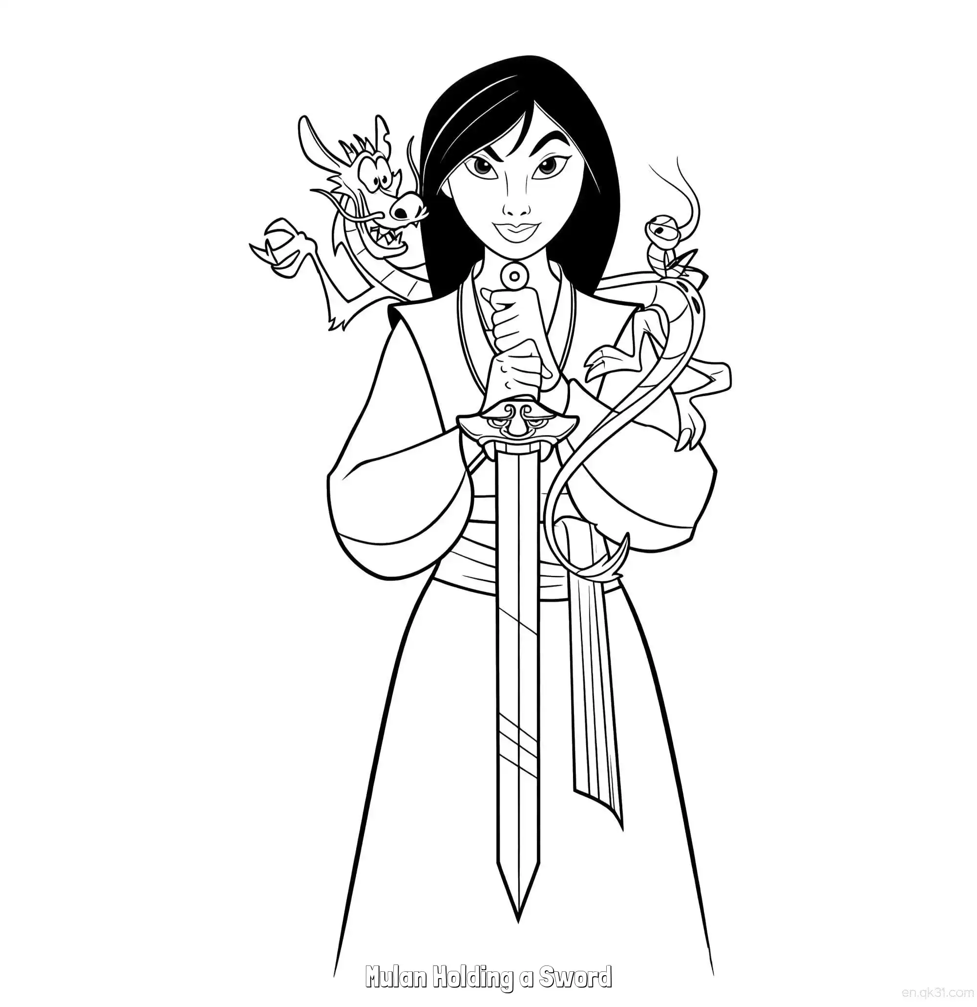 免费 花木兰持剑 简笔画 素描 涂鸦 - 免费可打印花木兰 下载PDF 简笔画涂色页