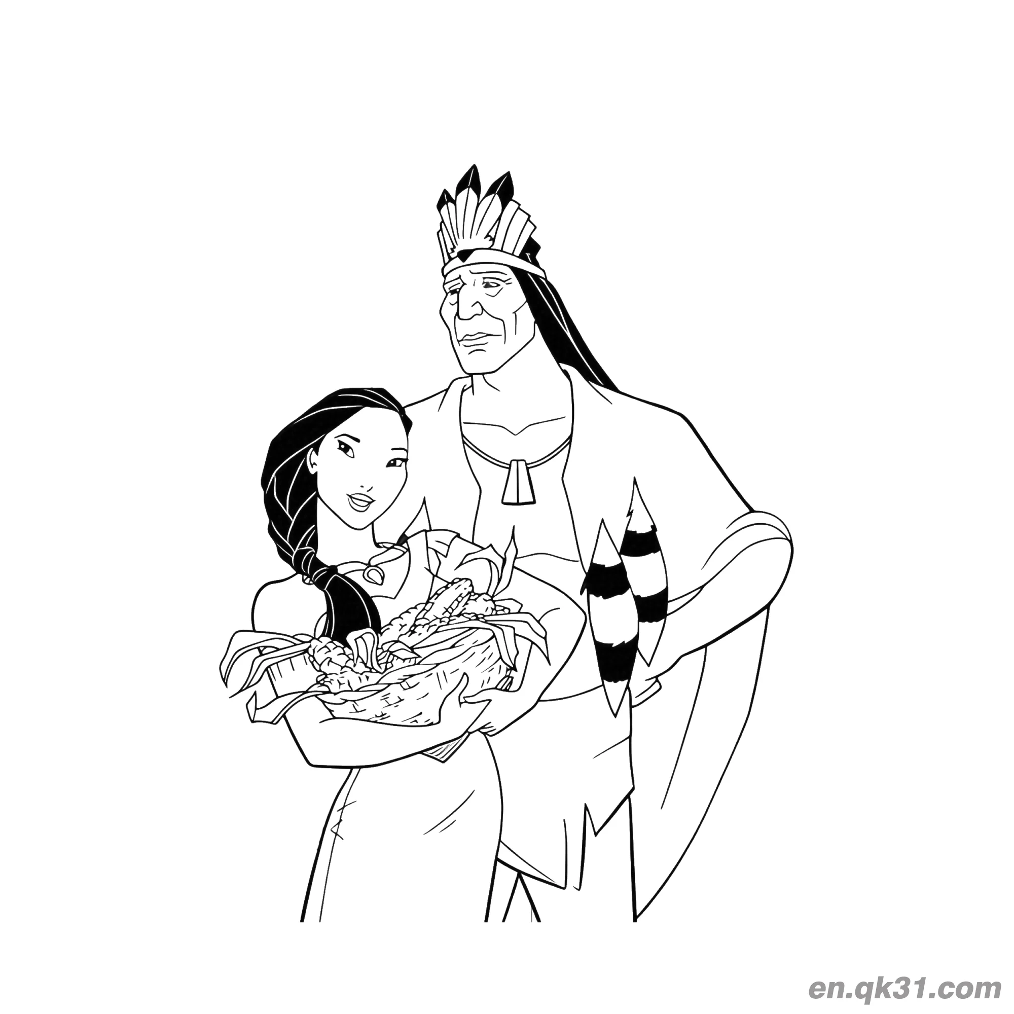 免费 宝嘉康蒂与父亲酋长 简笔画涂色页