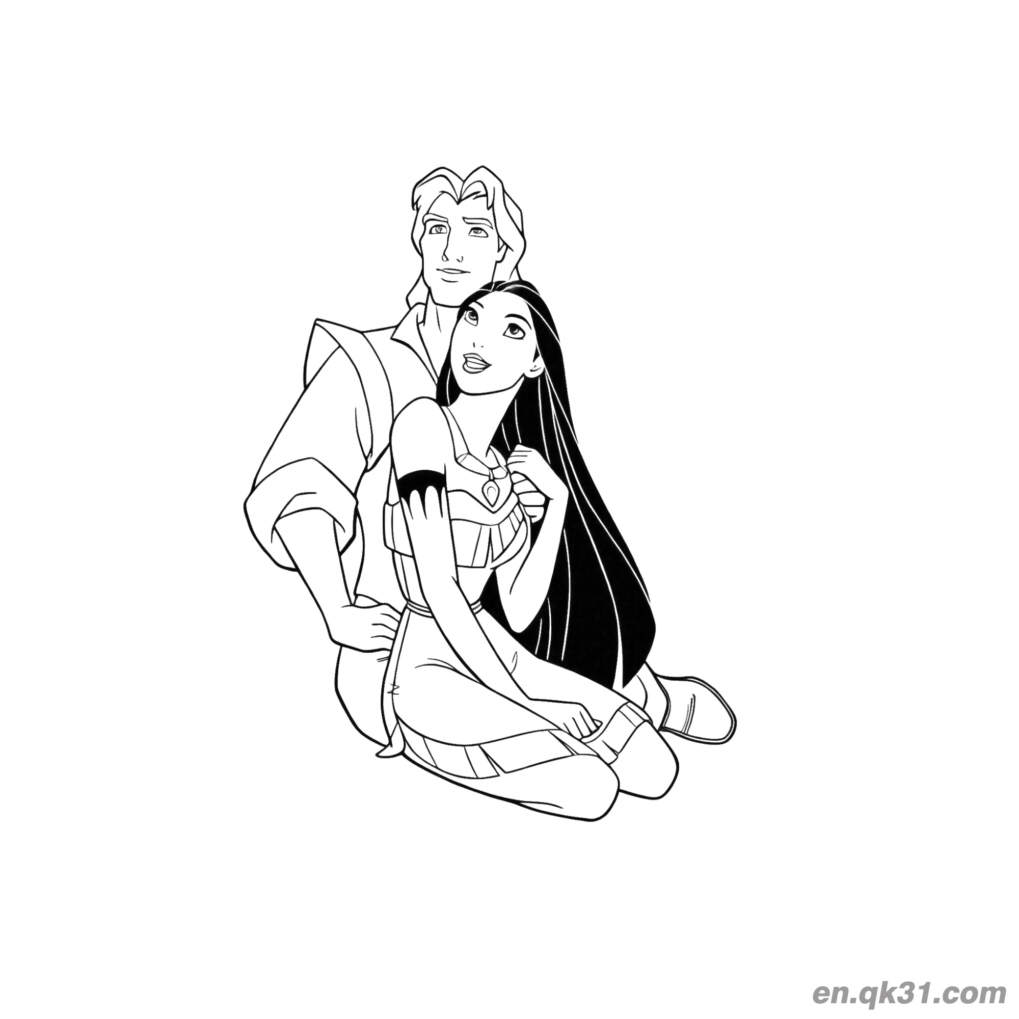 免费 宝嘉康蒂与约翰史密斯浪漫时刻 简笔画涂色页
