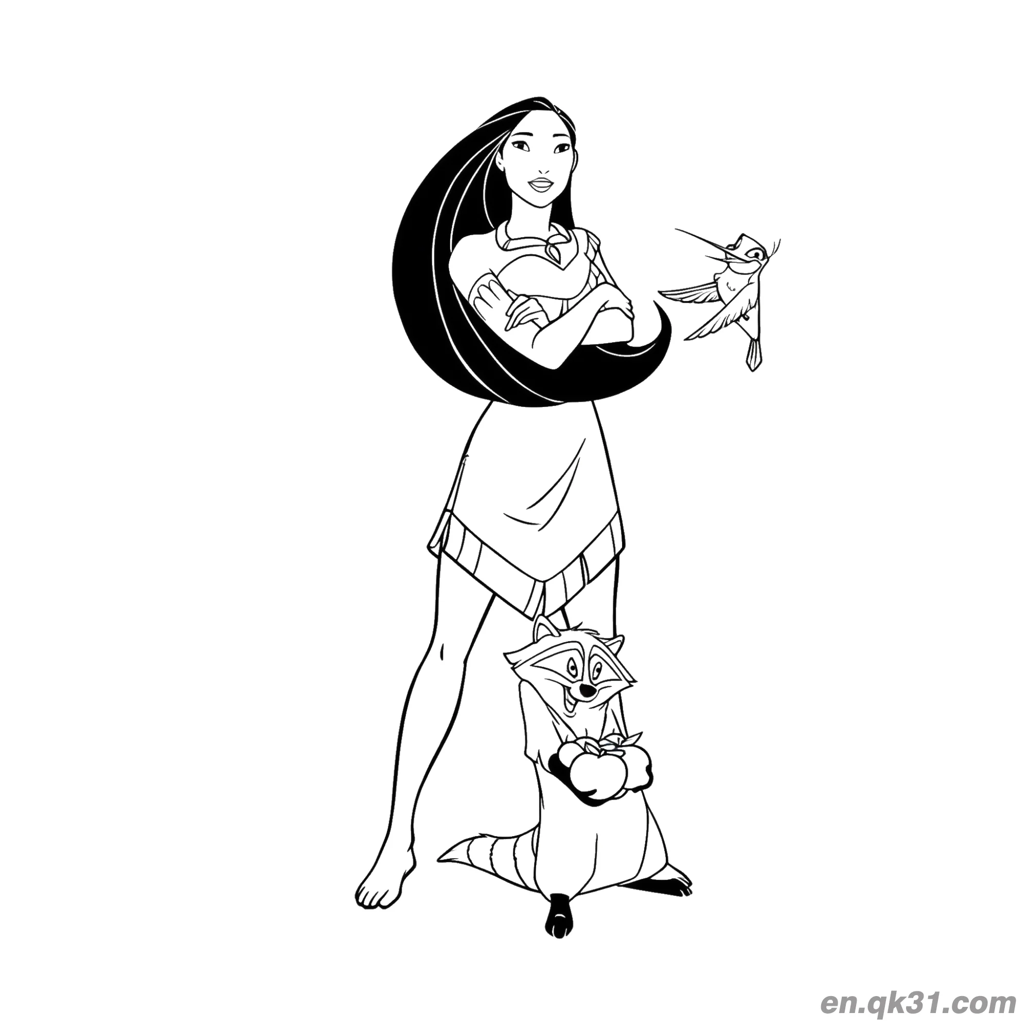 免费 宝嘉康蒂与森林小鸟 简笔画涂色页