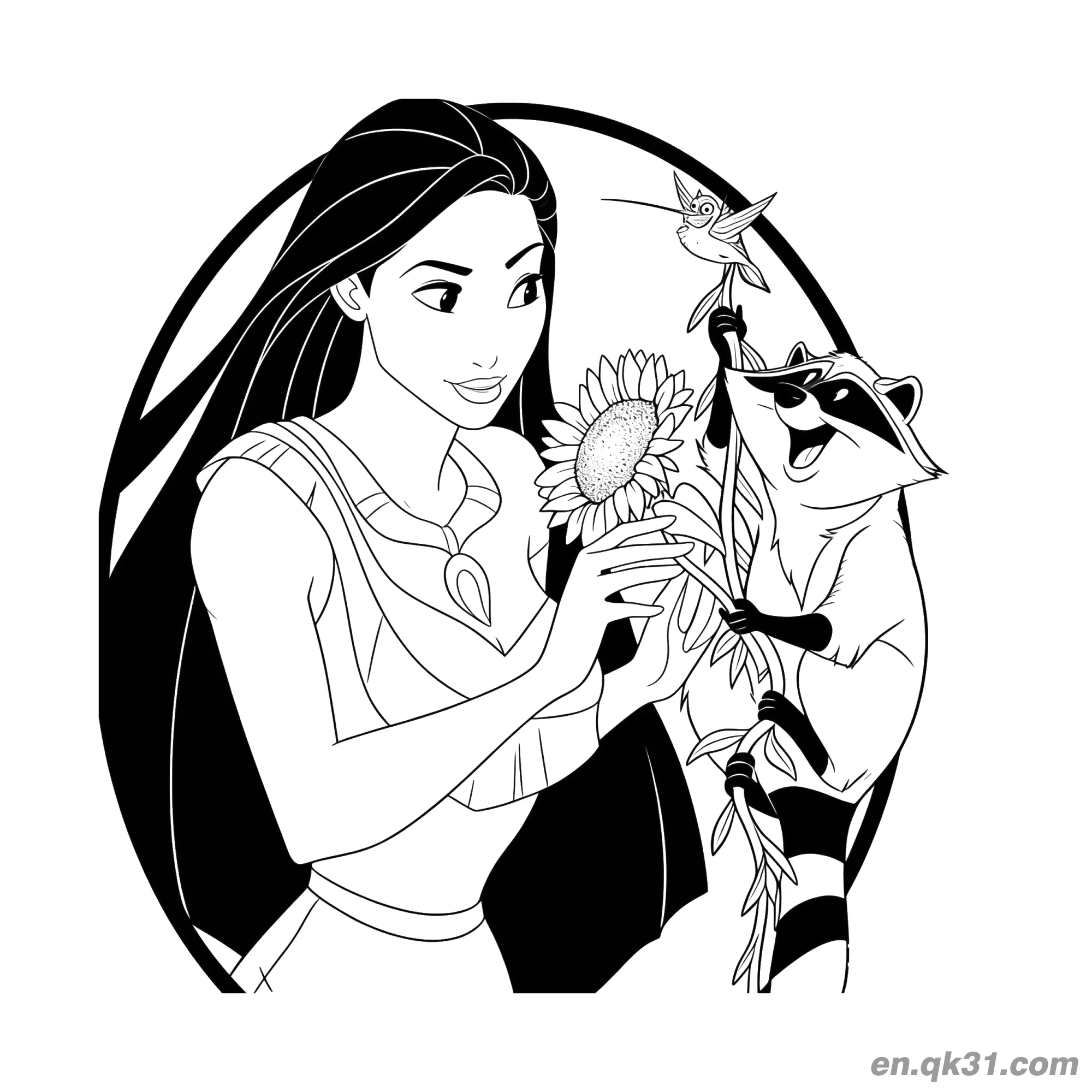 免费 宝嘉康蒂与浣熊和蜂鸟 简笔画涂色页