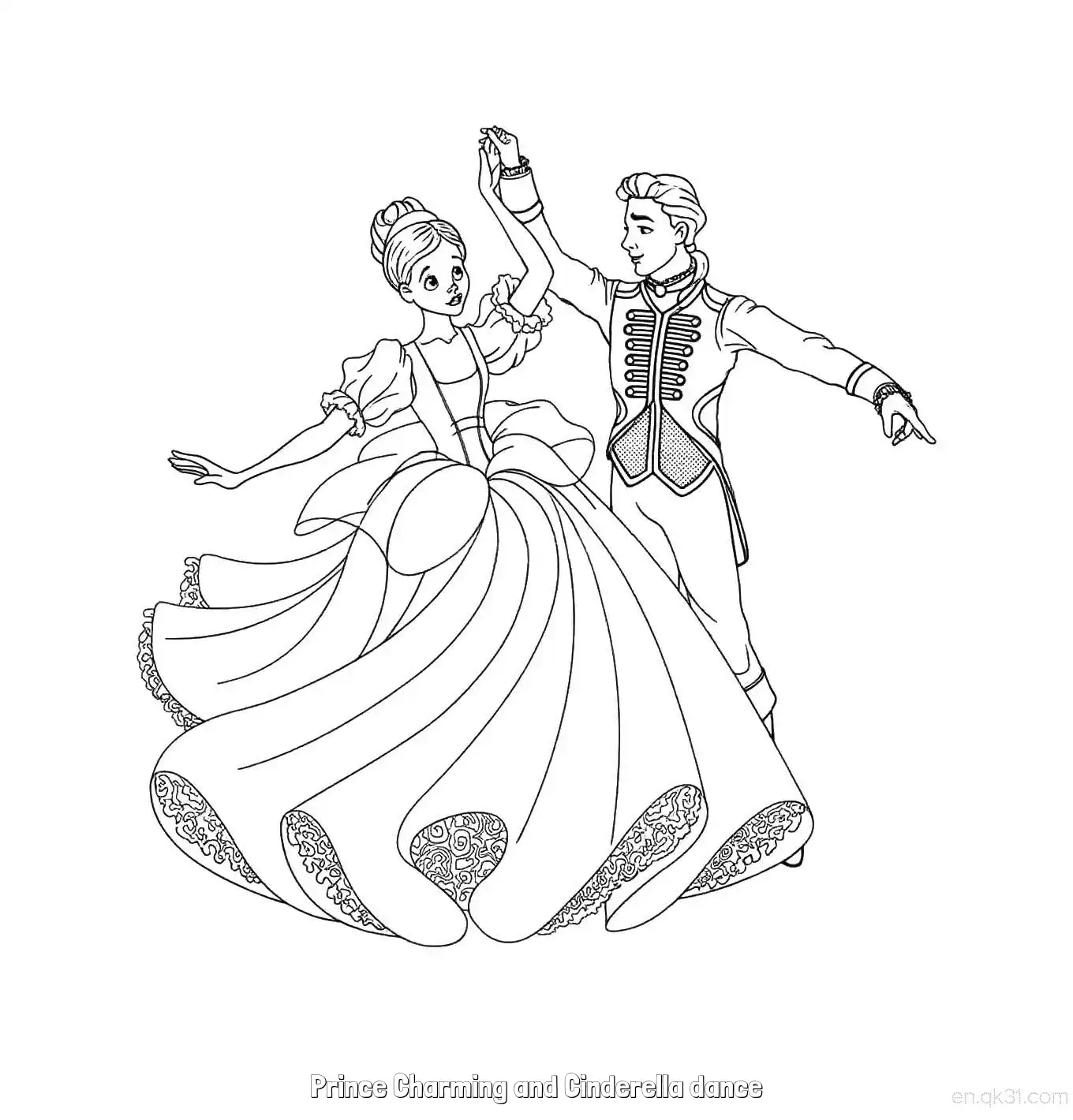 免费 灰姑娘中王子牵手灰姑娘华丽旋转简笔画涂色页 简笔画涂色页