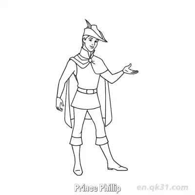 头戴羽毛帽的菲利普王子站立涂色页 – 免费可打印简笔画涂色画