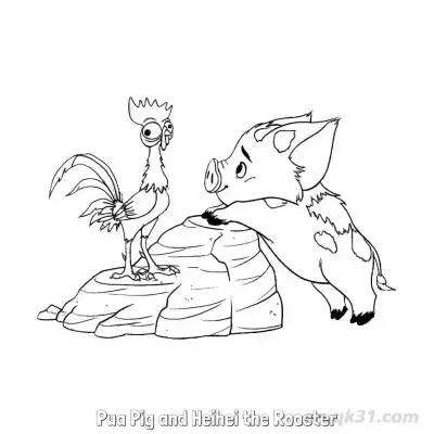 胖胖猪和憨憨鸡在石头上相处简笔画涂色页 – 免费可打印简笔画涂色画