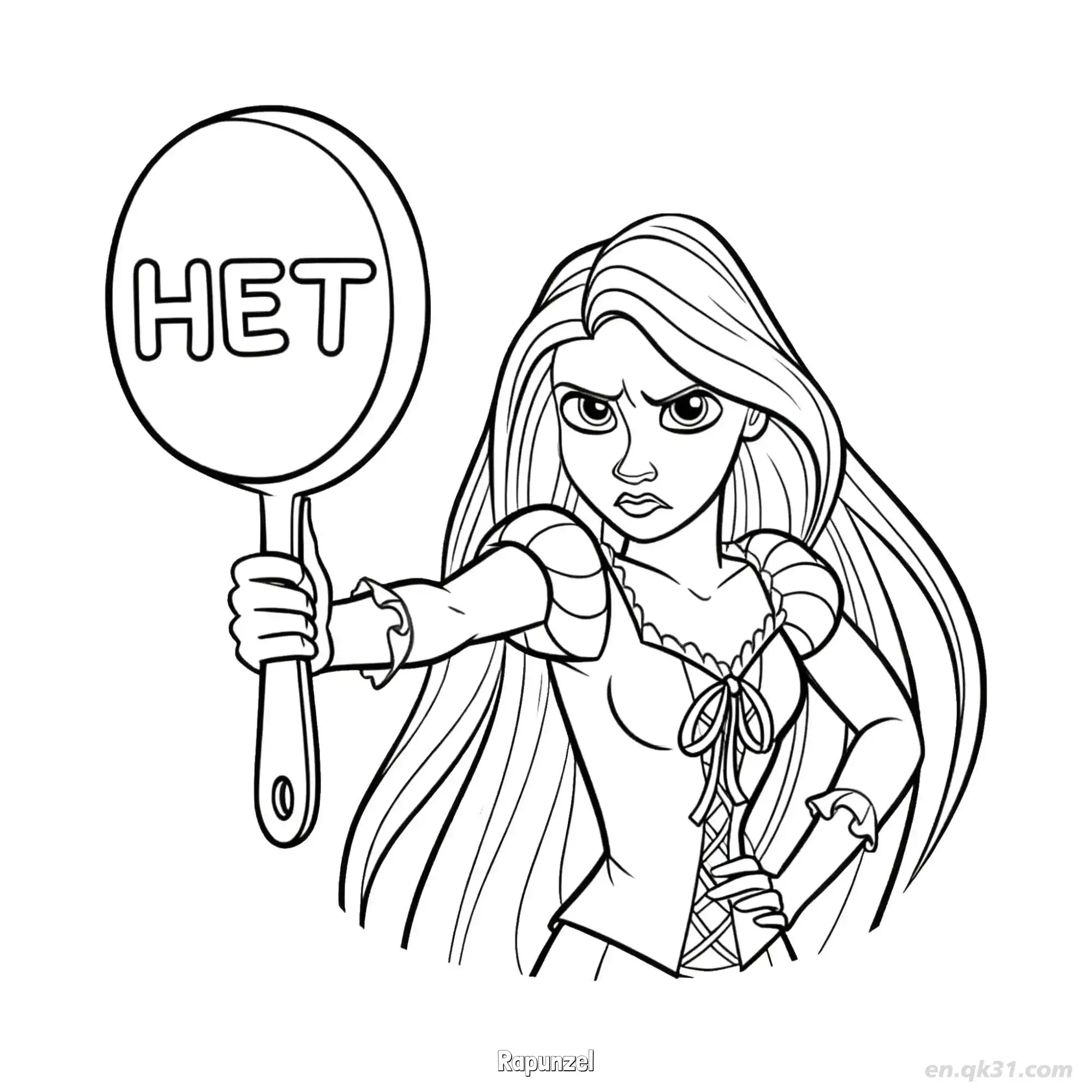 免费 长发公主乐佩举着“HET”牌子严肃简笔画涂色页 简笔画涂色页