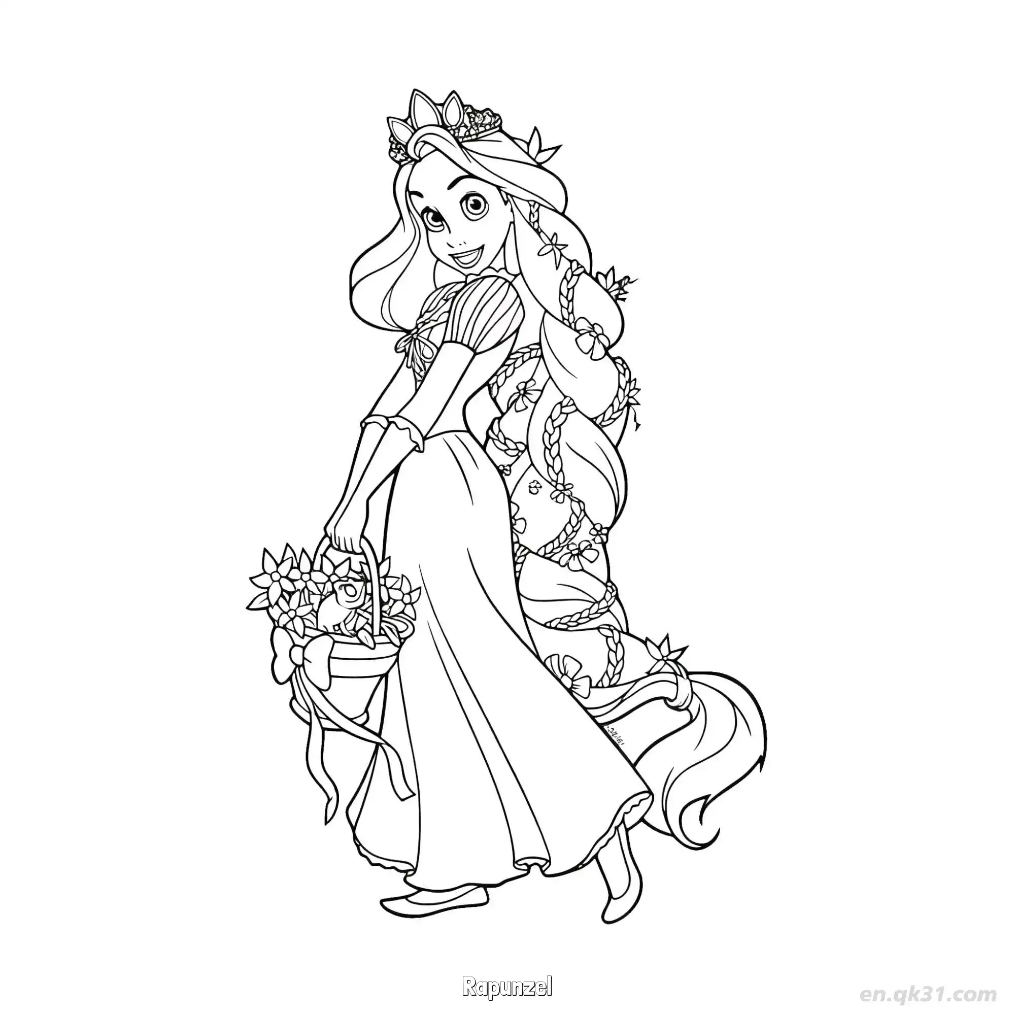 免费 长发公主乐佩戴花冠提花篮简笔画涂色页 简笔画涂色页