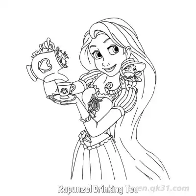 长发公主乐佩与帕斯卡喝下午茶简笔画涂色页 – 免费可打印简笔画涂色画
