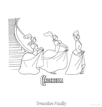 灰姑娘中特曼妮一家三人在楼梯旁简笔画涂色页 – 免费可打印简笔画涂色画