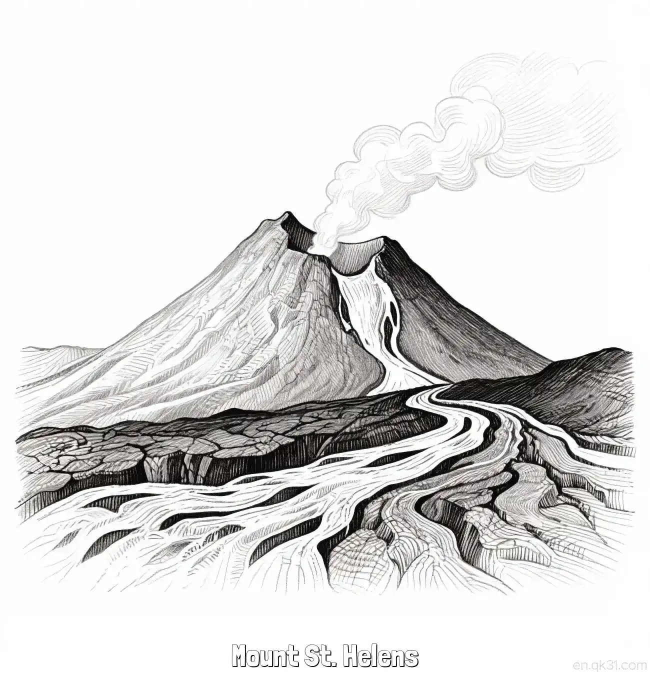 圣海伦斯火山 简笔画 素描 涂鸦 - 免费可打印美国知名景点 下载PDF简笔画涂色画 – 为儿童和成人提供的免费可打印简笔画涂色画