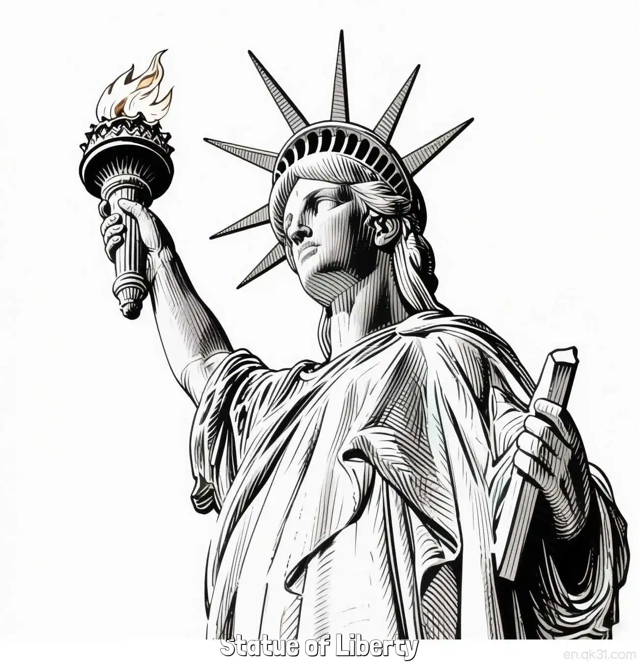 自由女神像 简笔画 素描 涂鸦 - 免费可打印美国知名景点 下载PDF简笔画涂色画 – 为儿童和成人提供的免费可打印简笔画涂色画