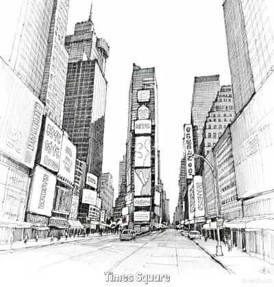 时代广场 简笔画 素描 涂鸦 - 免费可打印美国知名景点 下载PDF – 免费可打印简笔画涂色画